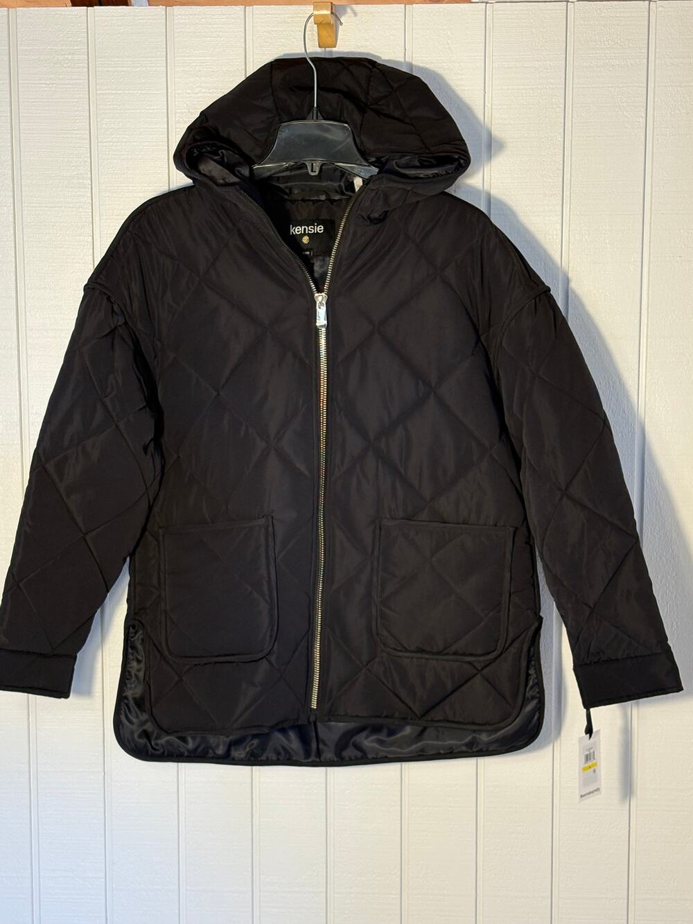 Kensie Women's M Black Diamond Quilted Hooded Pufer Jacket NWT